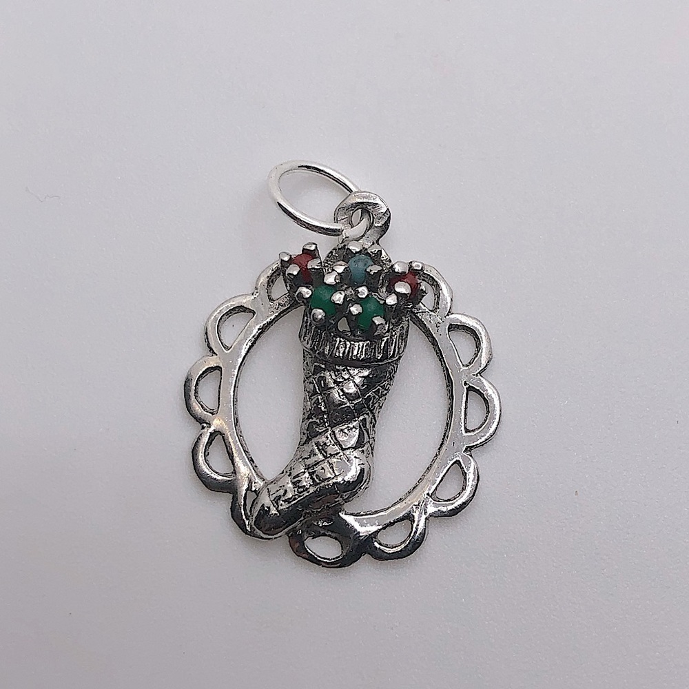 Vtg Sterling Silver Multi Stone Stocking Charm Bracelet Charm / Mini Pendant